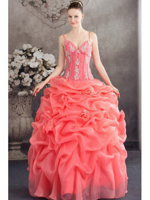 A-line Spaghetti Straps Organza Watermelon Wedding Gown Beads
