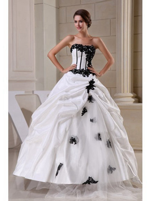 A-line Strapless Taffeta Black White Bridal Dress Applique