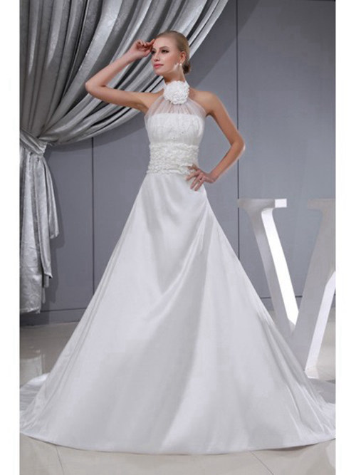 A-line Halter Satin Bridal Gown Ruffles
