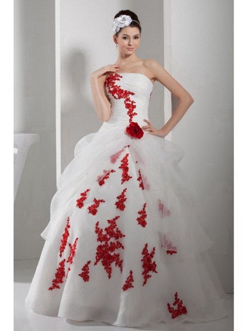 A-line Strapless Organza Bridal Dress Red Applique