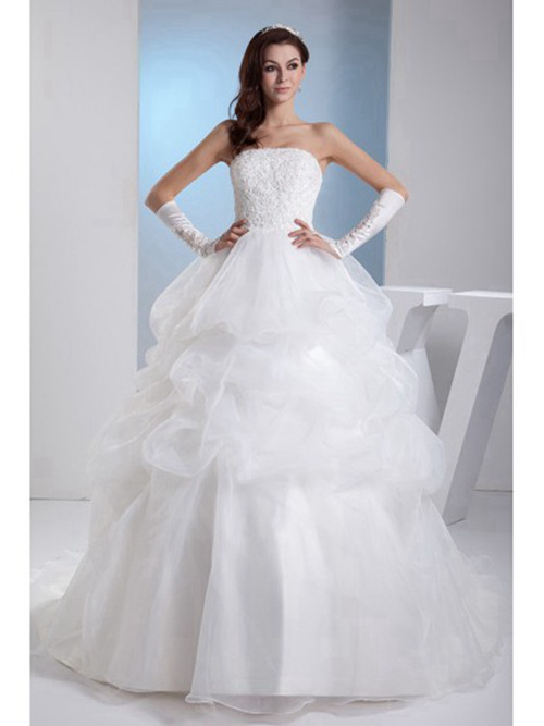 A-line Strapless Organza Lace Wedding Wear Ruffles