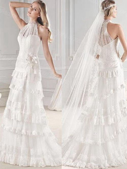 A-line High Neck Lace Beach Bridal Gown