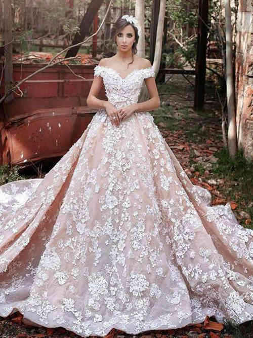 A-line Off Shoulder Long Bridal Dress Applique