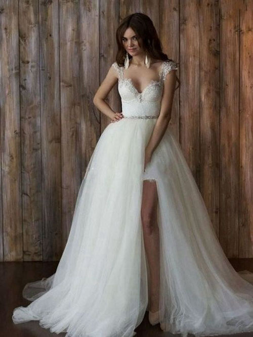 A-line Straps Tulle Wedding Dress Beads