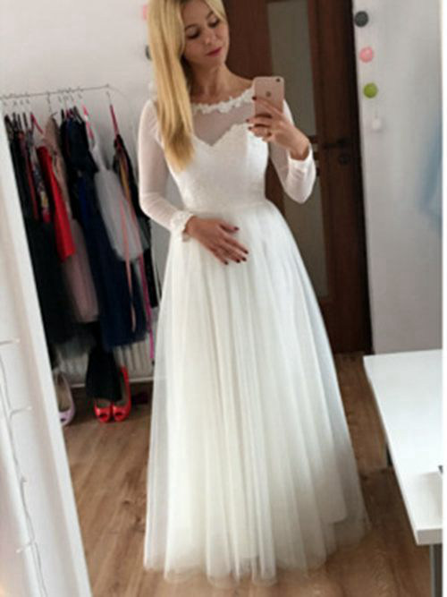 A-line Sheer Tulle Sleeves Lace Bridal Gown