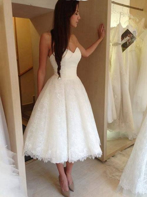 A-line Sweetheart Tea Length Lace Bridal Dress