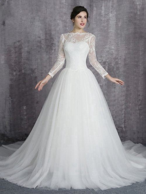 A-line Sheer Tulle Lace Sleeves Wedding Wear