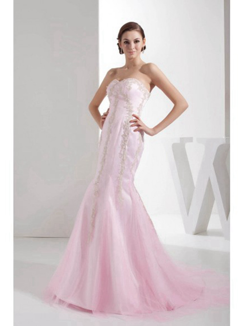 Mermaid Sweetheart Pink Tulle Bridal Gown Applique