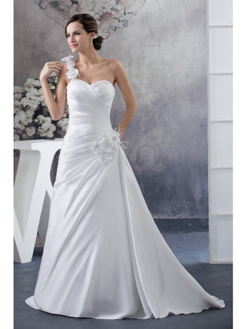 A-line One Shoulder Satin Bridal Dress Flowers