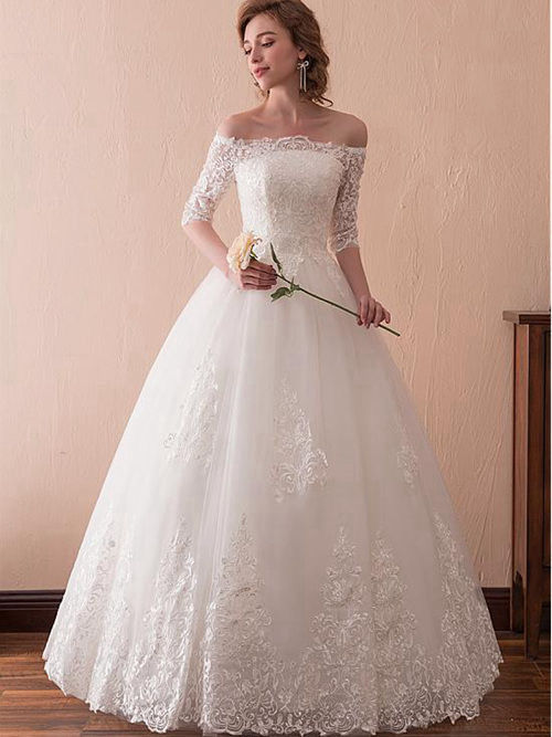 A-line Off Shoulder Lace Sleeves Bridal Gown