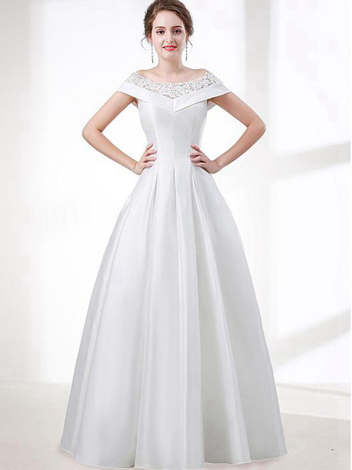 A-line Bateau Satin Lace Wedding Dress