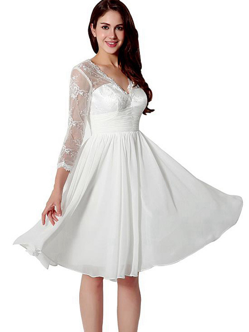 A-line V Neck Knee Length Chiffon Lace Sleeves Bridal Dress