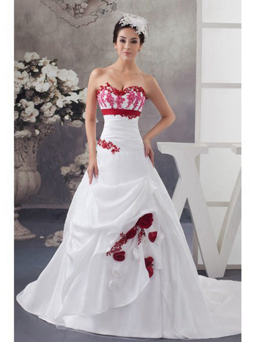 A-line Sweetheart Satin Wedding Wear Red Flowers