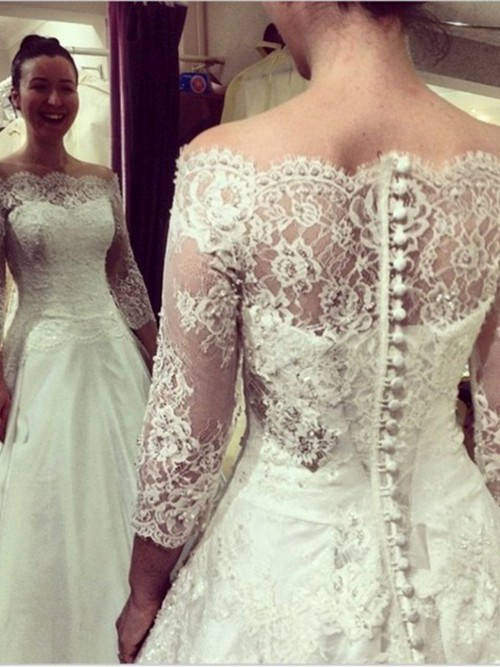 A-line Off Shoulder Lace Sleeves Satin Bridal Gown Applique
