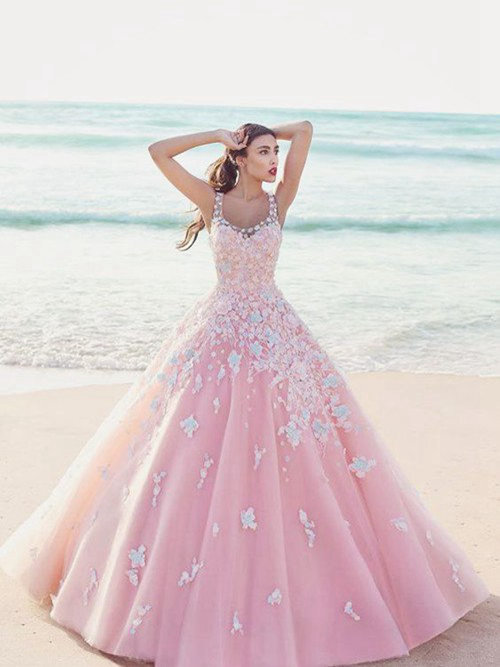 A-line Straps Organza Pink Beach Wedding Wear Applique