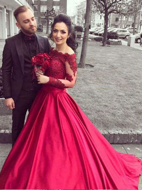 A-line Off Shoulder Satin Lace Sleeves Red Wedding Gown