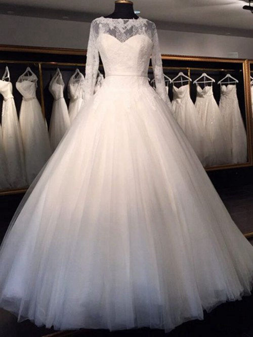 A-line Sheer Tulle Lace Sleeves Wedding Gown