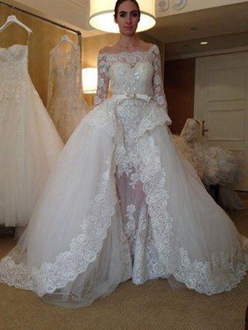 Sheath Off Shoulder Lace Sleeves 2 in 1 Wedding Gown