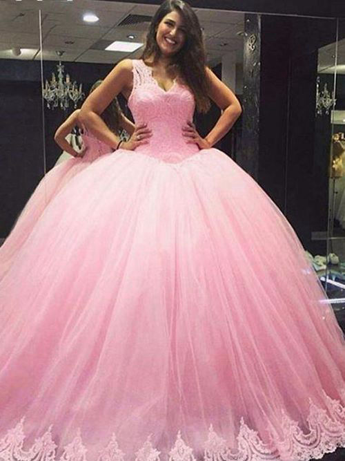 Ball Gown V Neck Tulle Lace Pink Bride Dress