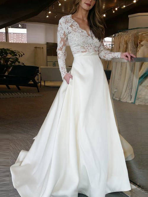 A-line V Neck Lace Sleeves Satin Bridal Gown