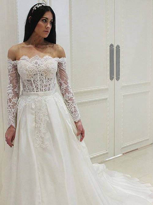 A-line Off Shoulder Organza Lace Sleeves Wedding Wear