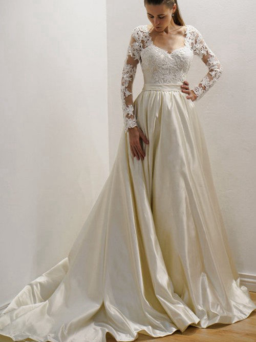 A-line Sweetheart Lace Sleeves Satin Wedding Gown