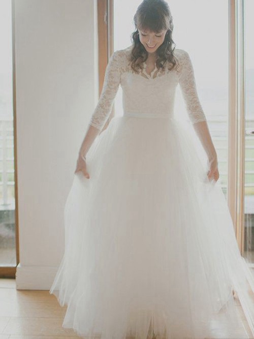 A-line Sweetheart Tulle Lace Sleeves Wedding Gown