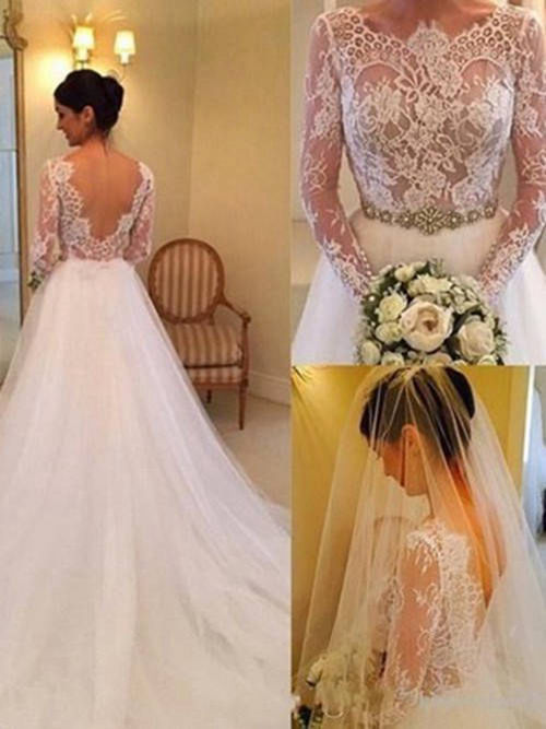 A-line Scoop Tulle Lace Sleeves Wedding Gown Beads