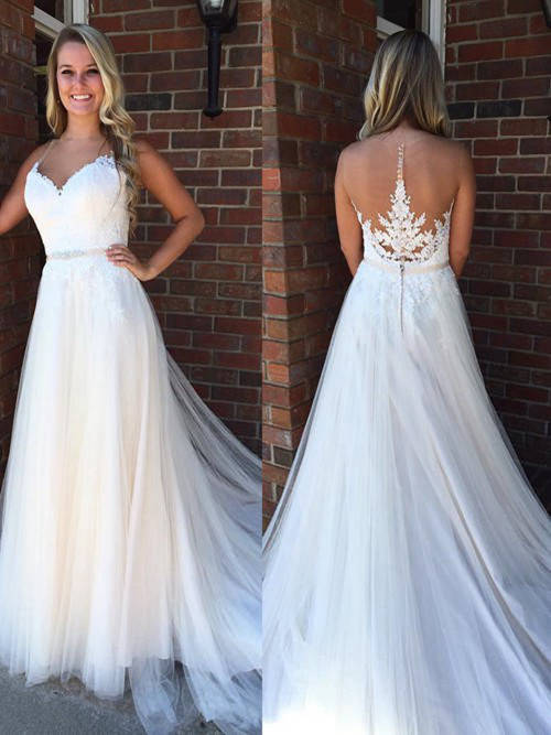 A-line Sheer Tulle Lace Wedding Gown Beads