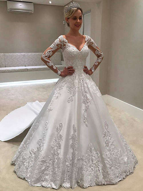 A-line V Neck Satin Sleeves Wedding Gown Applique