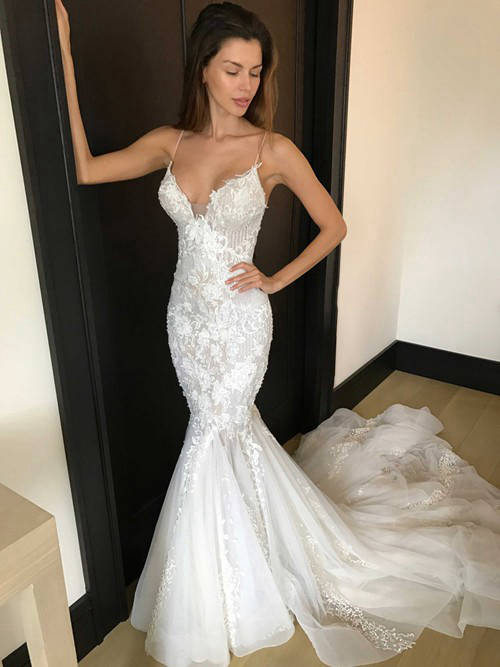 Mermaid Spaghetti Straps Lace Organza Bridal Dress