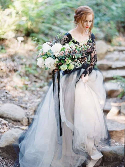 A-line Lace Sleeves Tulle Black White Bridal Wear