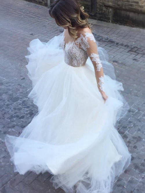 A-line Sheer Tulle Lace Sleeves Wedding Dress