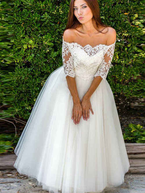 A-line Off Shoulder Organza Lace Sleeves Wedding Dress
