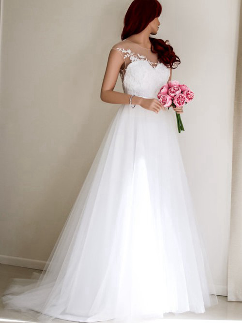 A-line Sheer Tulle Wedding Gown Applique