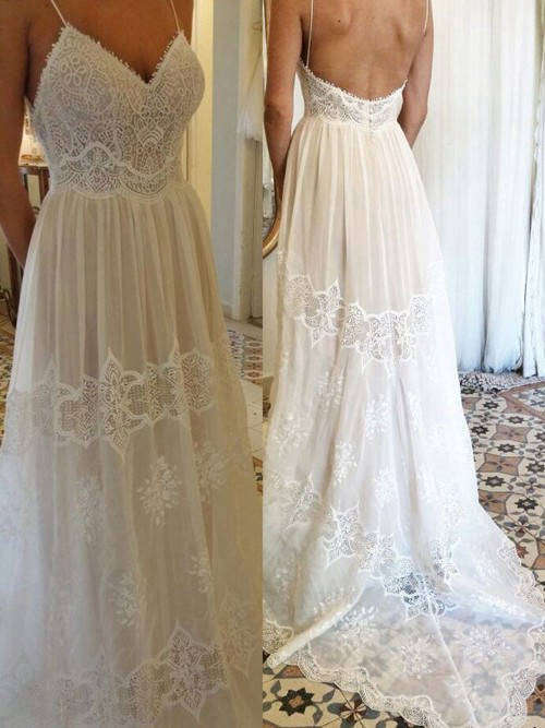 A-line Spaghetti Straps Lace Wedding Gown