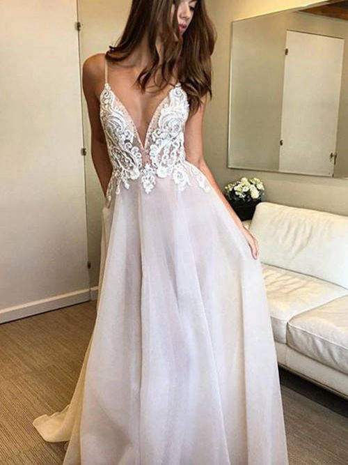 A-line V Neck Tulle Lace Wedding Gown