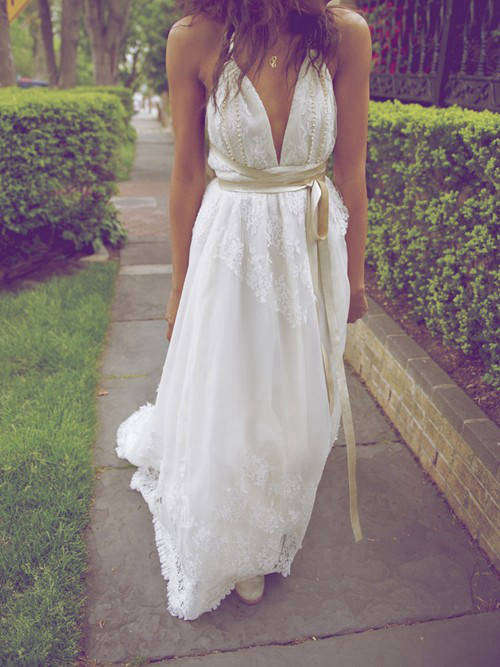A-line V Neck Lace Wedding Gown Belt Pearls