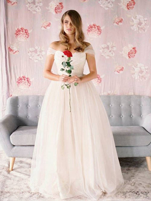A-line Off Shoulder Tulle Floor Length Wedding Dress