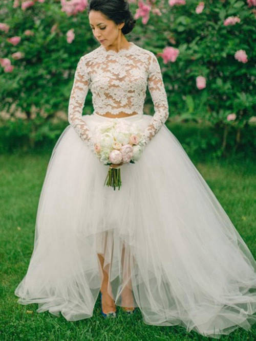 Ball Gown Jewel Tulle Lace Sleeves Wedding Wear
