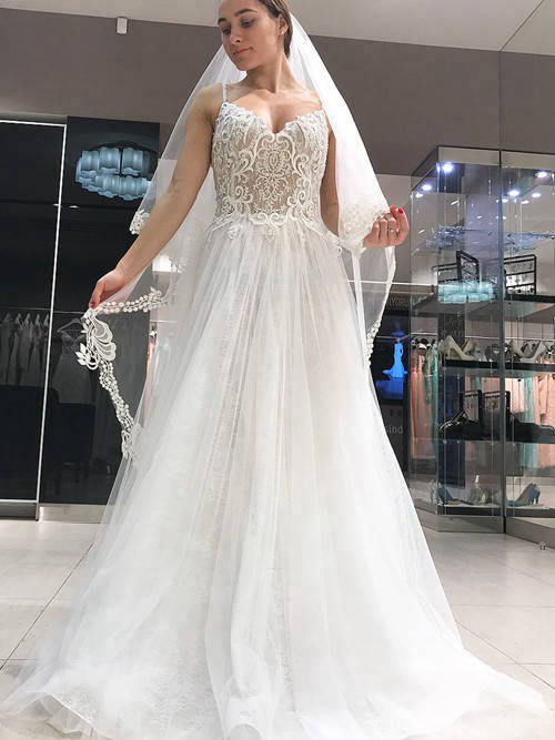 A-line Spaghetti Straps Lace Tulle Wedding Gown
