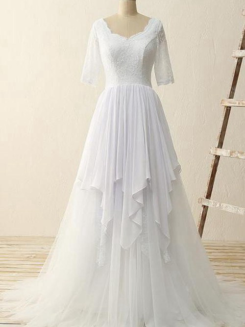 A-line V Neck Chiffon Lace Sleeves Wedding Gown