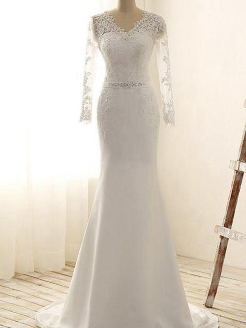 Mermaid V Neck Lace Sleeves Chiffon Wedding Gown Beads
