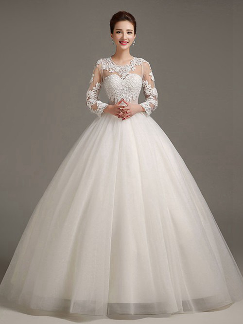A-line Jewel Floor Length Tulle Lace Sleeves Bridal Wear