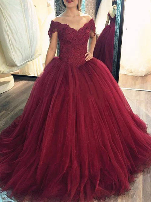 Ball Gown V Neck Tulle Wedding Wear Lace