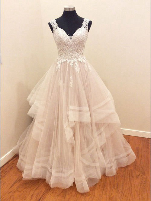 A-line V Neck Floor Length Lace Tulle Bridal Wear