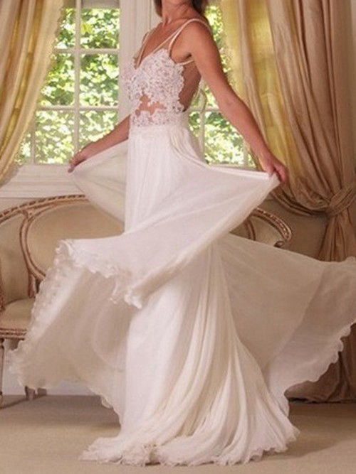 A-line V Neck Chiffon Wedding Gown Lace
