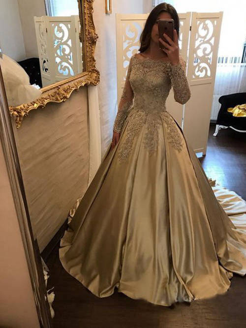A-line Off Shoulder Satin Lace Sleeves Gold Wedding Dress