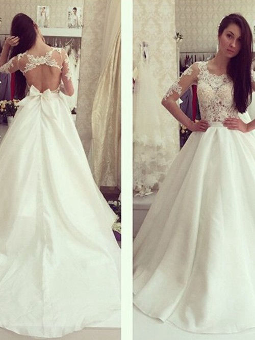 A-line Scoop Chiffon Lace Sleeves Wedding Dress