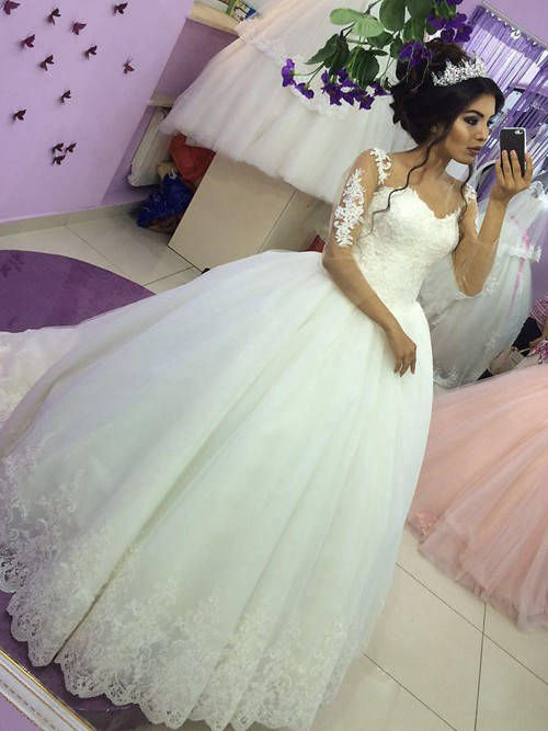 Ball Gown V Neck Lace Sleeves Tulle Bridal Wear